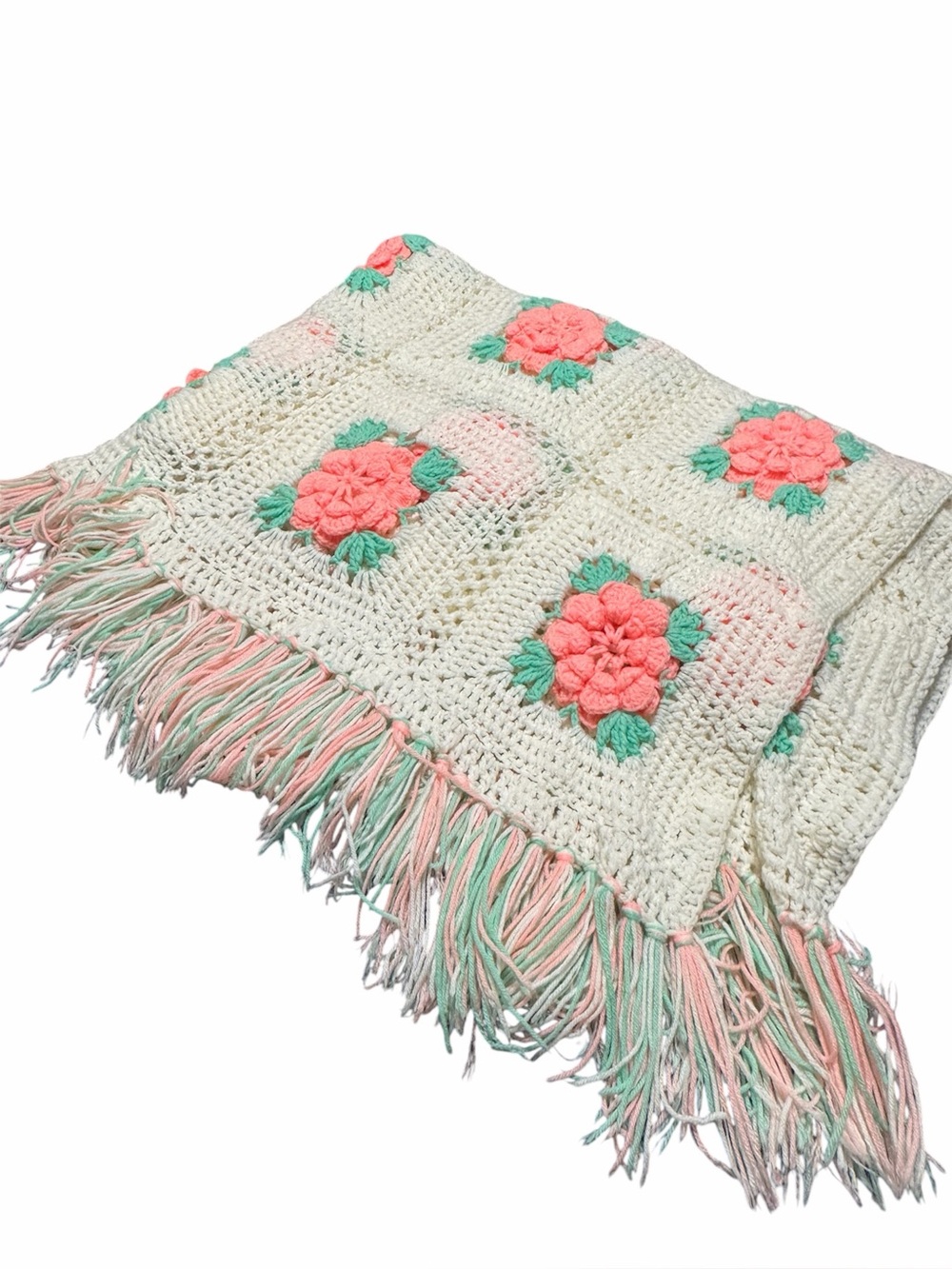 Vintage Pink Rose Afghan 3D Flowers Granny Square Handmade Farmhouse Grannycore